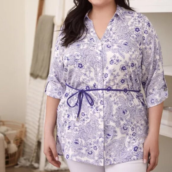 LAURA PLUS Tops - LAURA Plus Sz 20 Blue White Floral Paisley Button Down Blouse Chic Coastal Boho